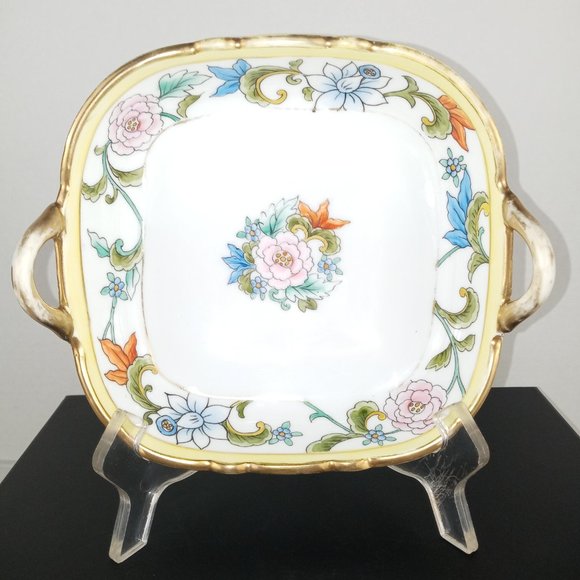 Hand Painted Nippon 2 Handle Candy Dish Pink Flowers Imported by Morimura Bros. - Picture 2 of 5